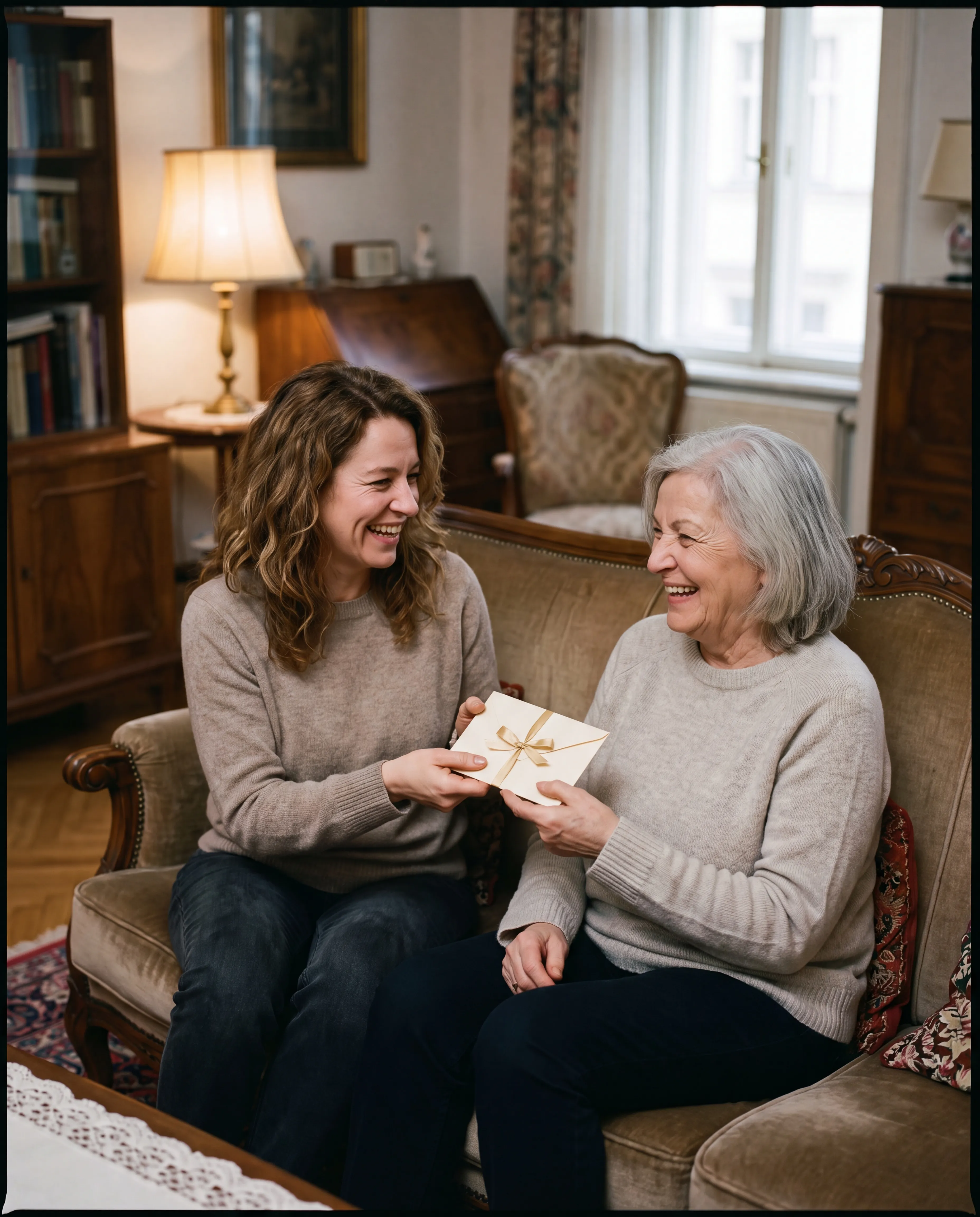 AI-generated illustration: a daughter handing her mother a small gift envelope tied with a gold ribbon, both laughing
